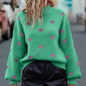 Green Casual Womens Heart Pattern Mock Neck Drop Shoulder Sweater